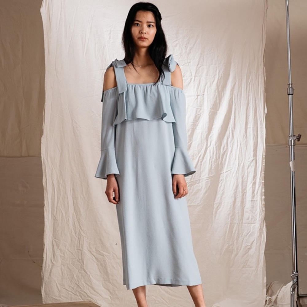 Ganni Light Blue Off Shoulder Bow Dress Size 36 Small